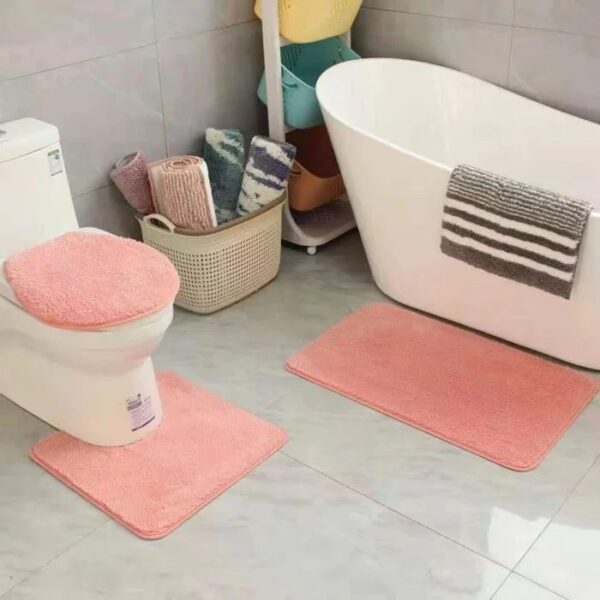 3Pcs Bathroom Set Bath Mat RUG Contour and Toilet Lid Cover with Rubber Backing