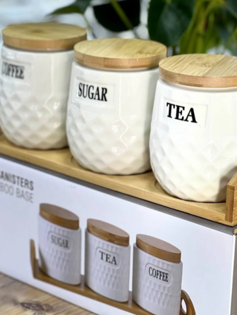 Tea Coffee & Sugar Jar Set with Bamboo Covers